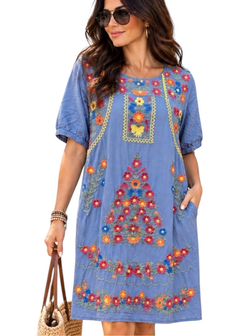 orange creek Blue Floral 100 Cotton Embroidered Midi Dress